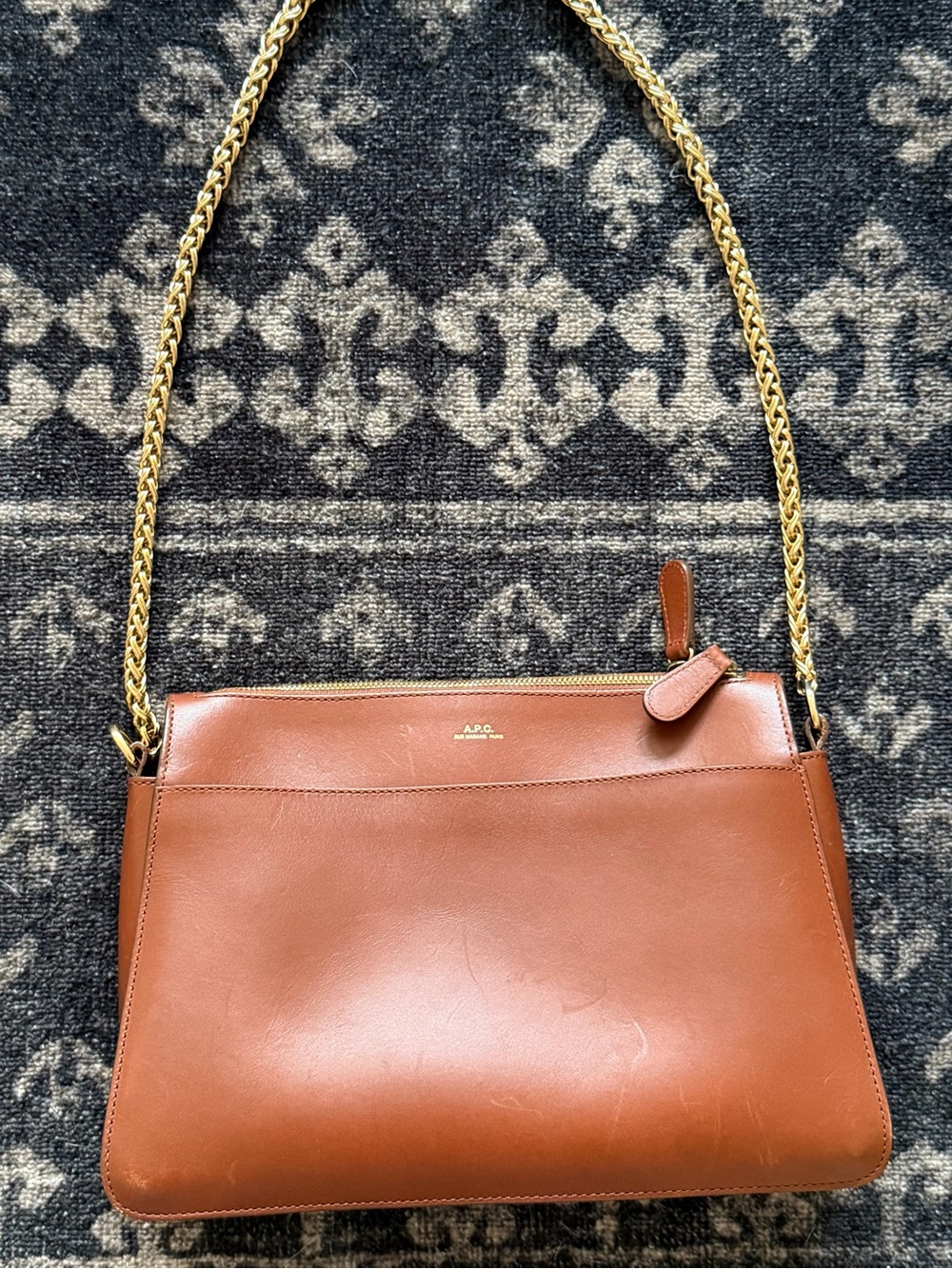 A.P.C. Tan Leather Shoulder Bag with Gold Chain Strap